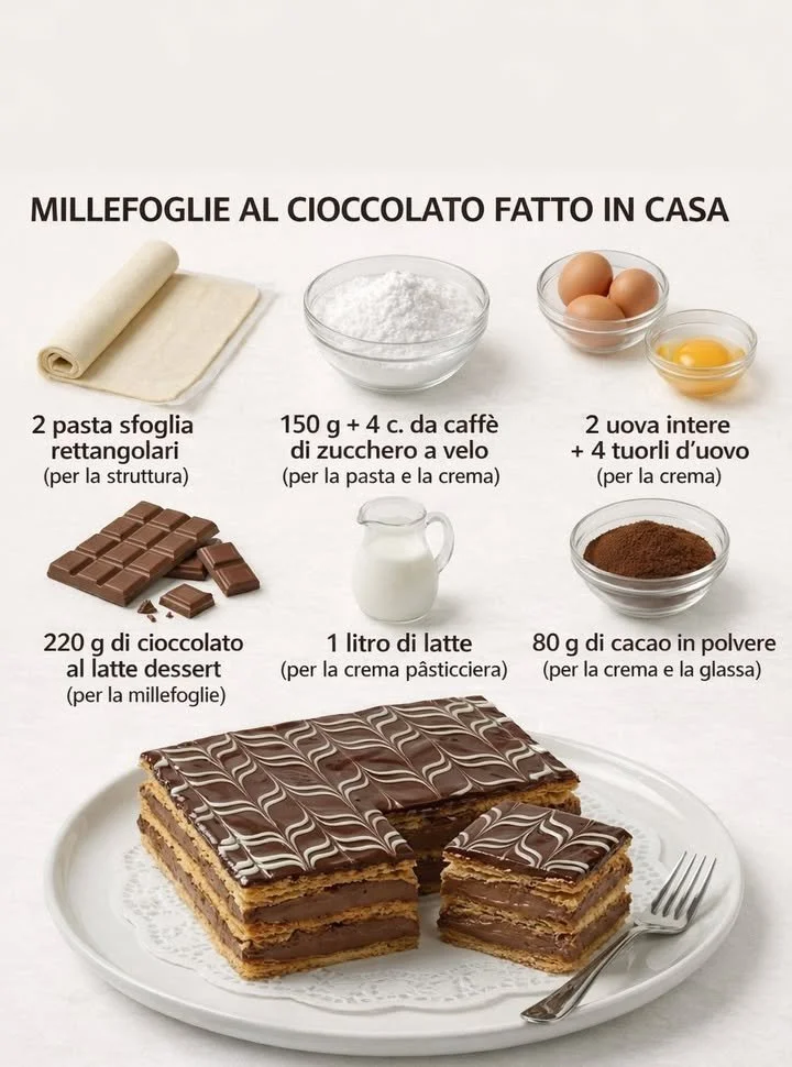 Millefoglie al Cioccolato fatta in casa con strati di sfoglia e crema al cioccolato