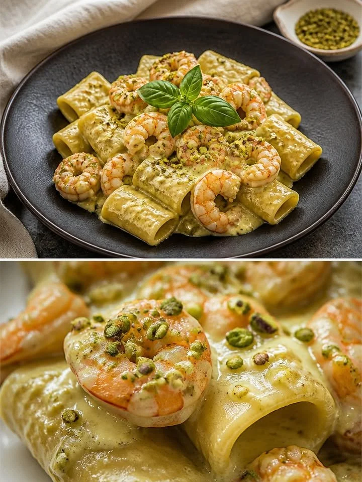 Paccheri con crema di pistacchi e gamberi, un piatto delizioso e raffinato