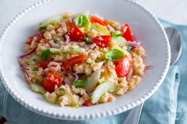 Panzanella classic salad with bread, tomatoes, and basil