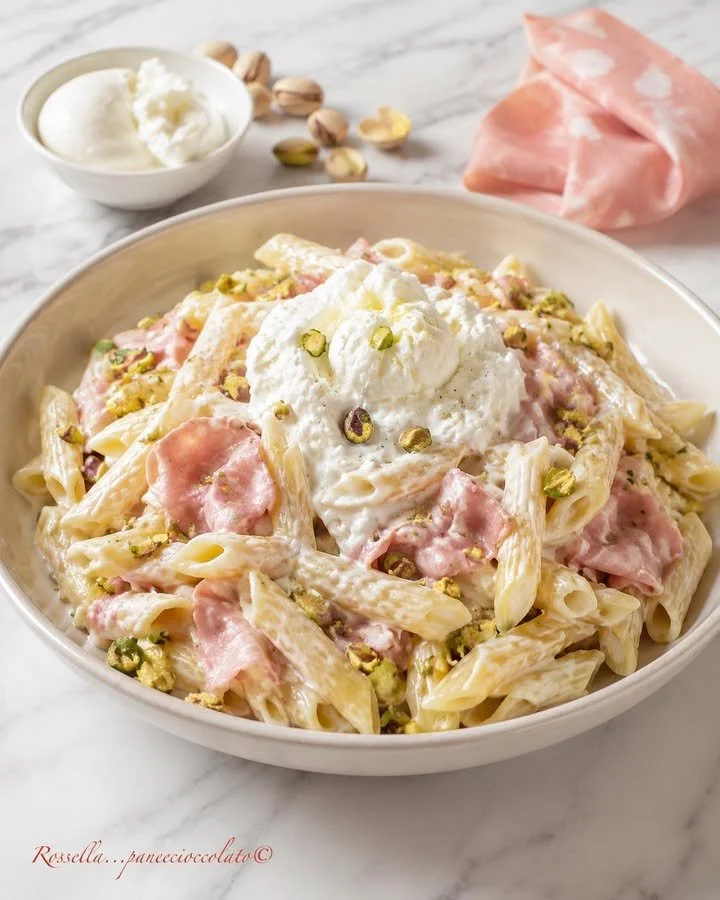 Pasta Fredda con Burrata, Pistacchi e Mortadella in un piatto colorato