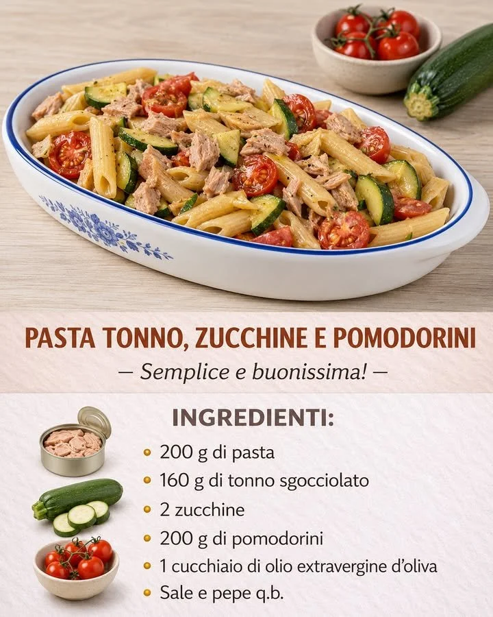 Pasta Tonno con Zucchine e Pomodorini, un piatto saporito italiano.