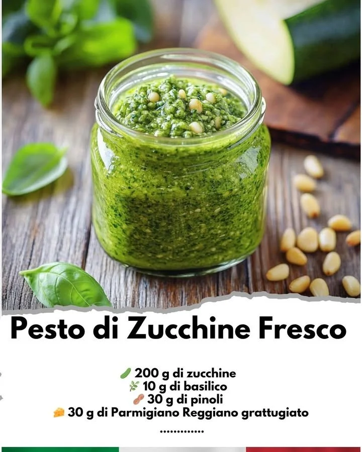 Pesto estivo di zucchine e basilico fresco in ciotola