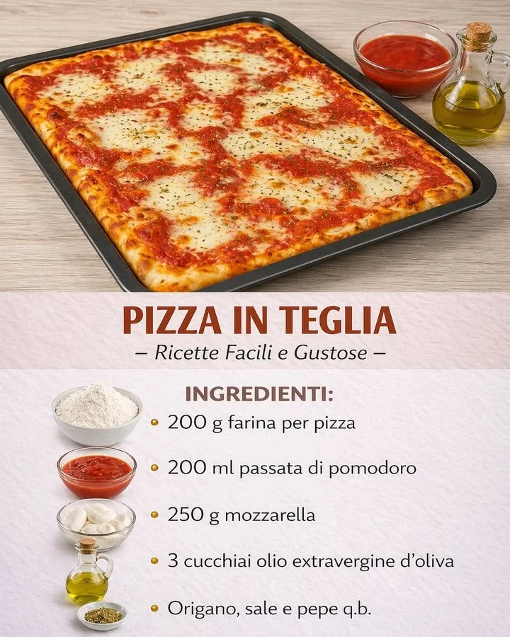 Pizza in teglia croccante appena sfornata con ingredienti freschi