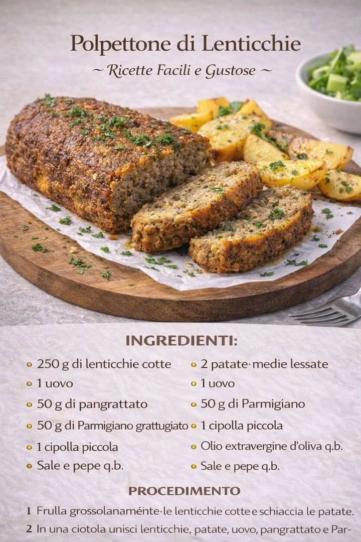 Polpettone di Lenticchie servito su un piatto con contorni freschi.