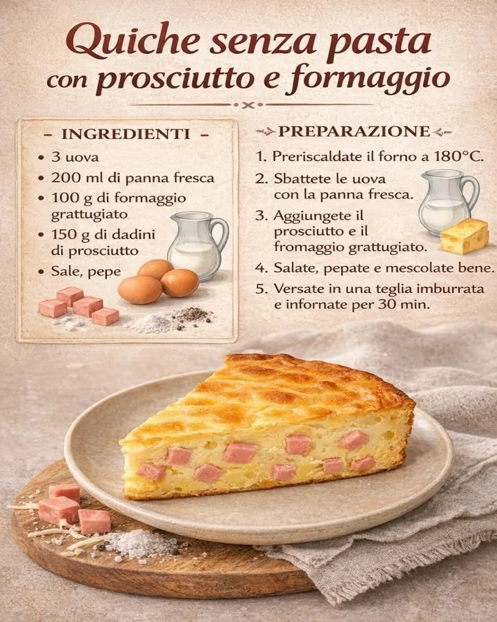 Quiche senza pasta con prosciutto e formaggio, un piatto delizioso e leggero.