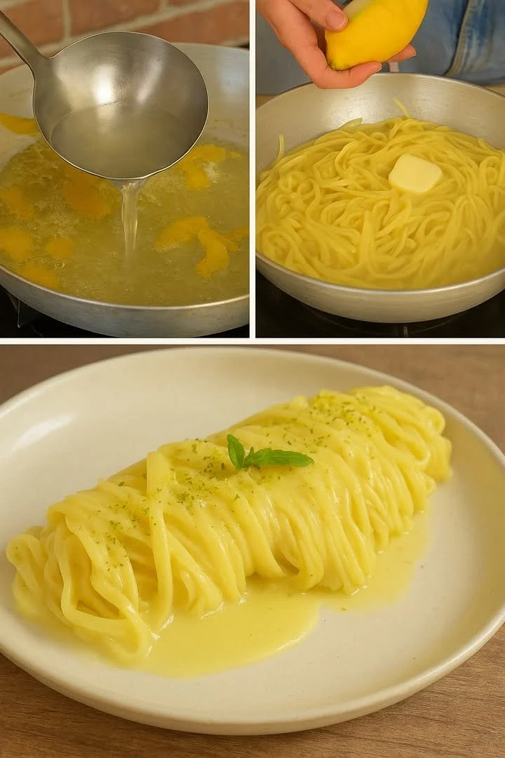 Piatto di Tagliolini al Limone con limoni freschi e guarnizioni aromatiche
