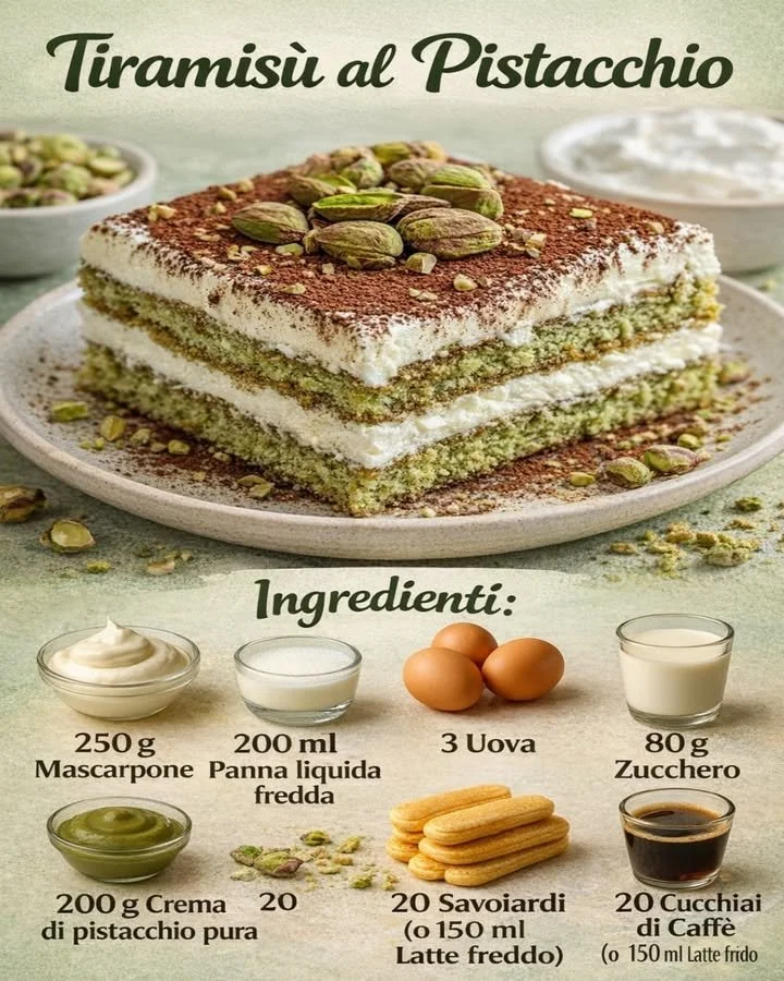 Tiramisù al Pistacchio con crema verde e cacao spolverato