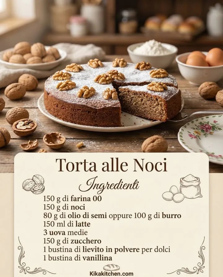 Slice of Torta alle Noci with walnuts and chocolate on a plate