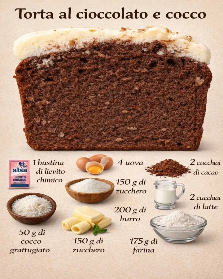 Torta cioccolato e cocco soffice decorata con cocco grattugiato.