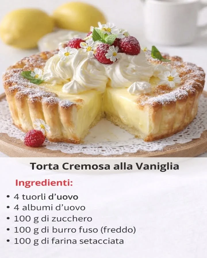 Deliziosa torta cremosa alla vaniglia con una consistenza morbida e setosa.