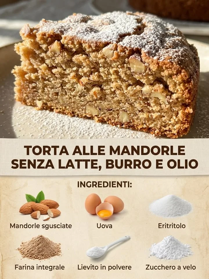 Torta di mandorle senza latte, burro e olio, dolce sano e delizioso