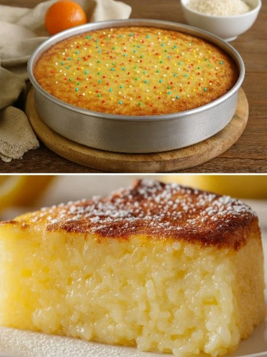 Torta di riso contadina decorata con frutta fresca e zucchero a velo