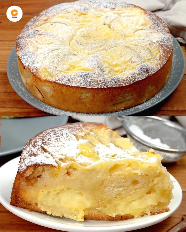Torta Nua alle Mele decorata con fette di mela e zucchero a velo