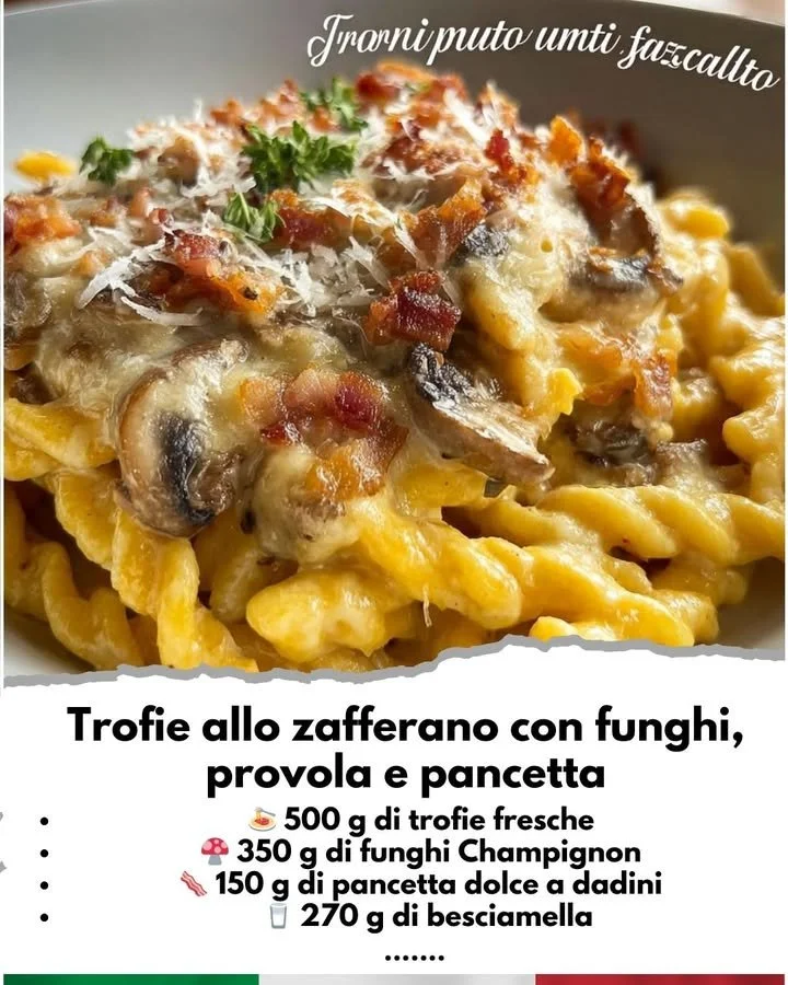 Trofie allo zafferano con funghi, provola affumicata e pancetta croccante
