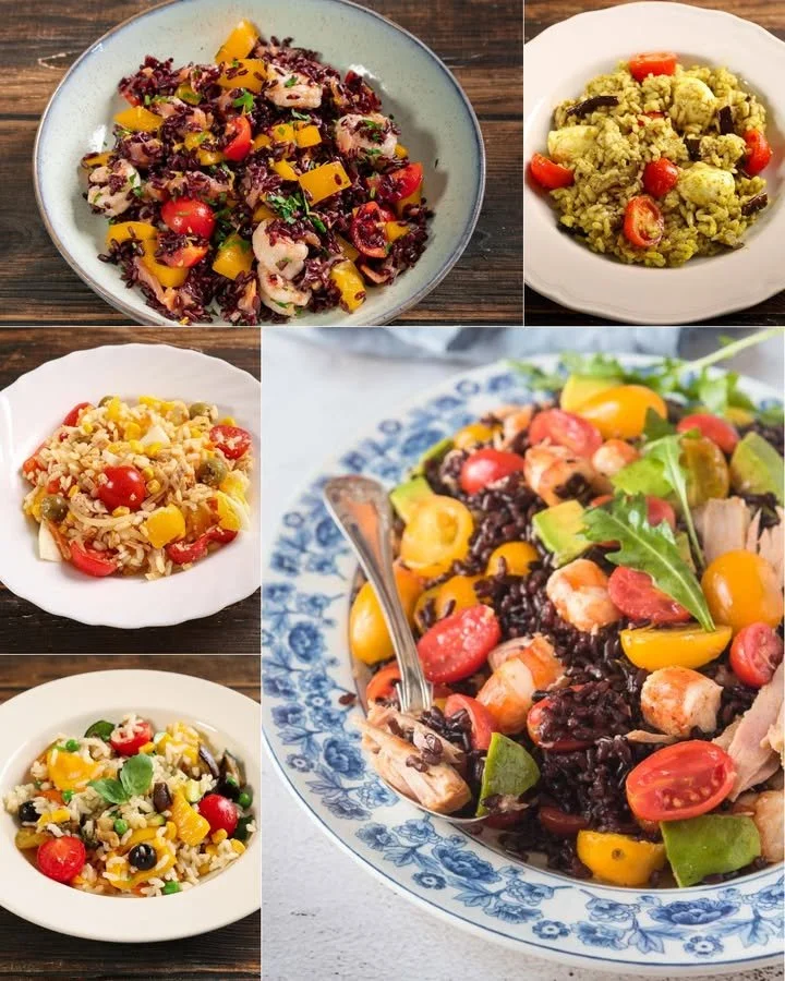 Insalata di riso fresca e colorata pronta da gustare in un giorno di sole.